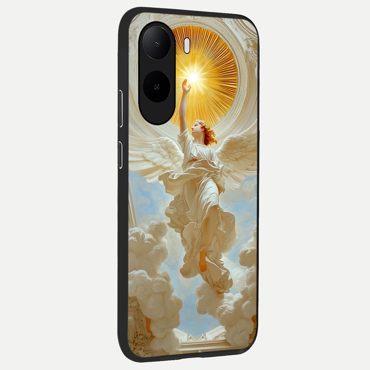 Divine Light Angel back cover For Poco C85x slim fit glass case with vibrant aesthetic design