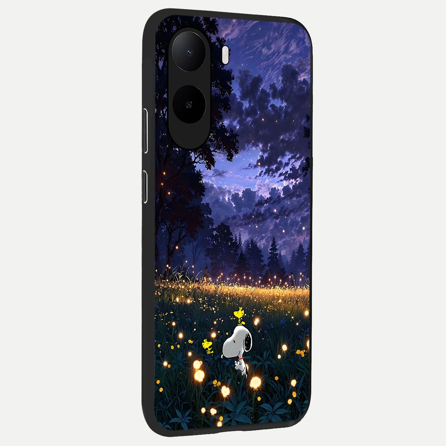 Firefly Meadow Magic back cover For Poco C85x slim fit glass case with vibrant aesthetic design