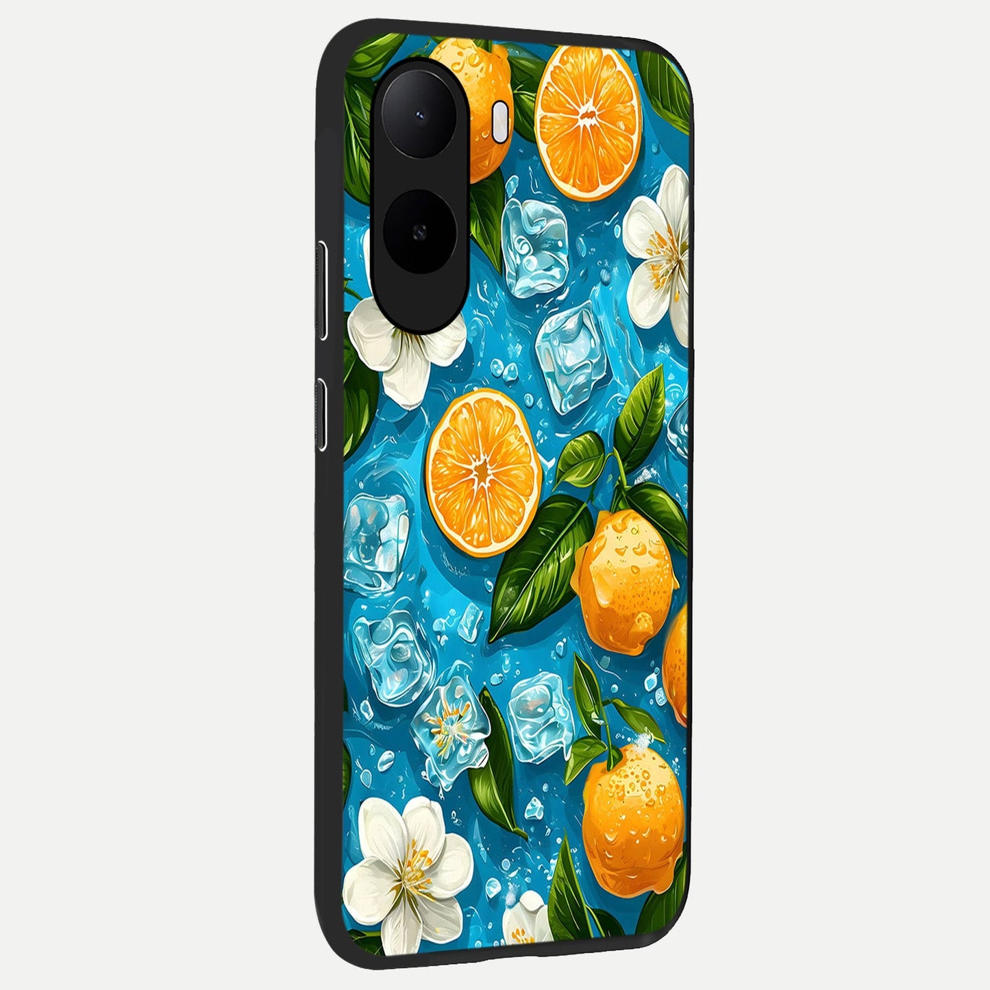 Ice Cube With Orange back cover For Poco C85x slim fit glass case with vibrant aesthetic design