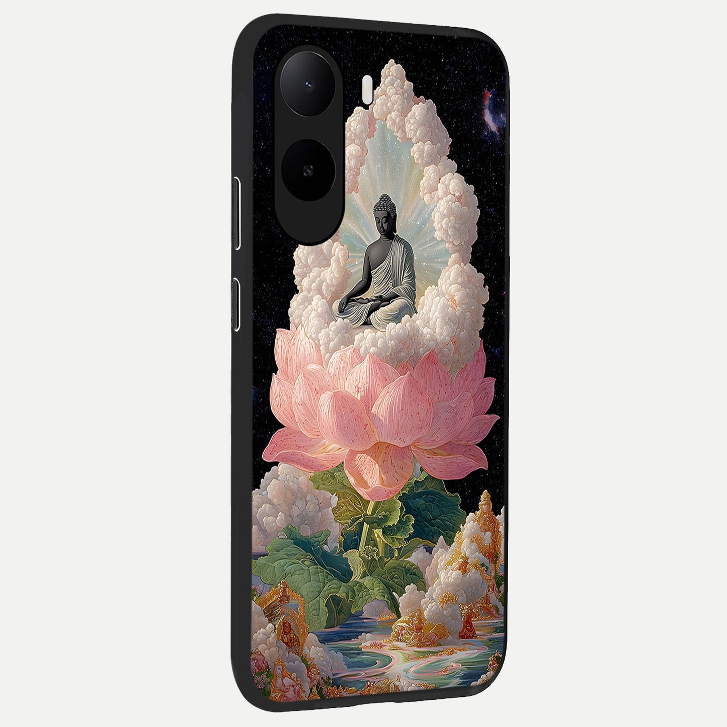 Lotus Divine Peace back cover For Poco C85x slim fit glass case with vibrant aesthetic design