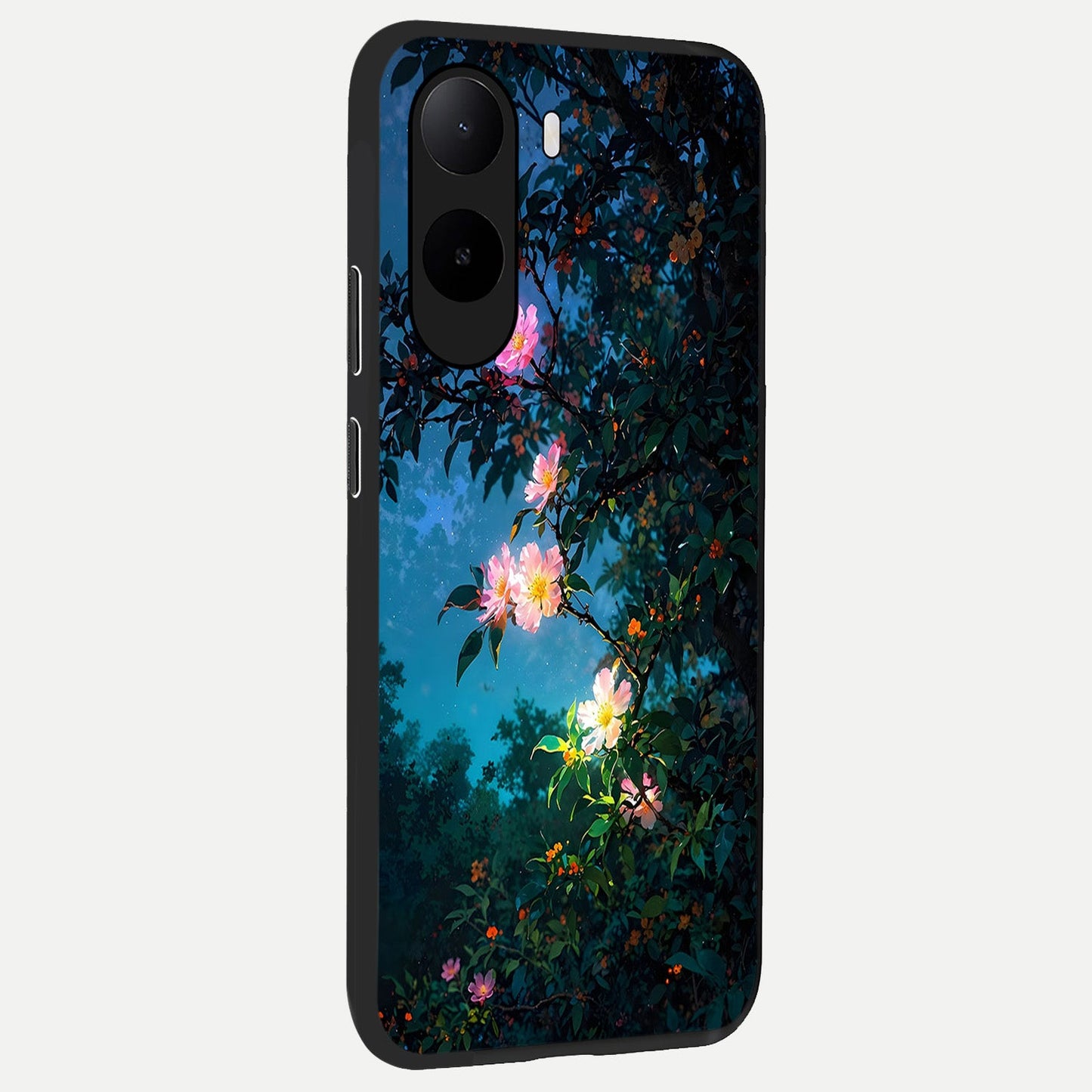 Midnight Bloom Glow back cover For Poco C85x slim fit glass case with vibrant aesthetic design