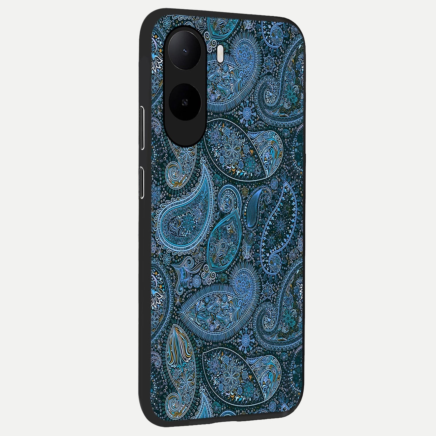 Midnight Paisley Glow back cover For Poco C85x slim fit glass case with vibrant aesthetic design