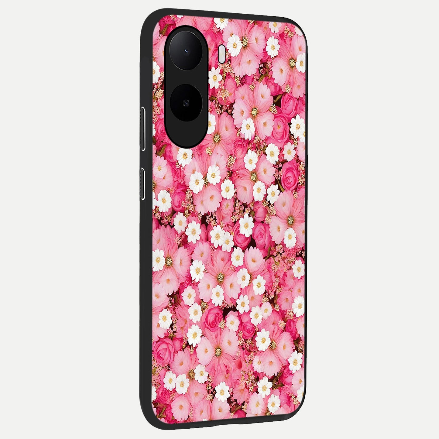 Pink Daisy Bliss back cover For Poco C85x slim fit glass case with vibrant aesthetic design