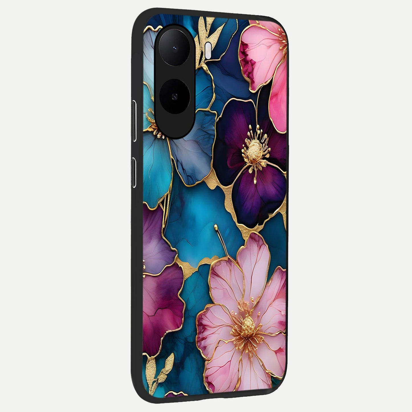 Sparkle Floral back cover For Poco C85x slim fit glass case with vibrant aesthetic design