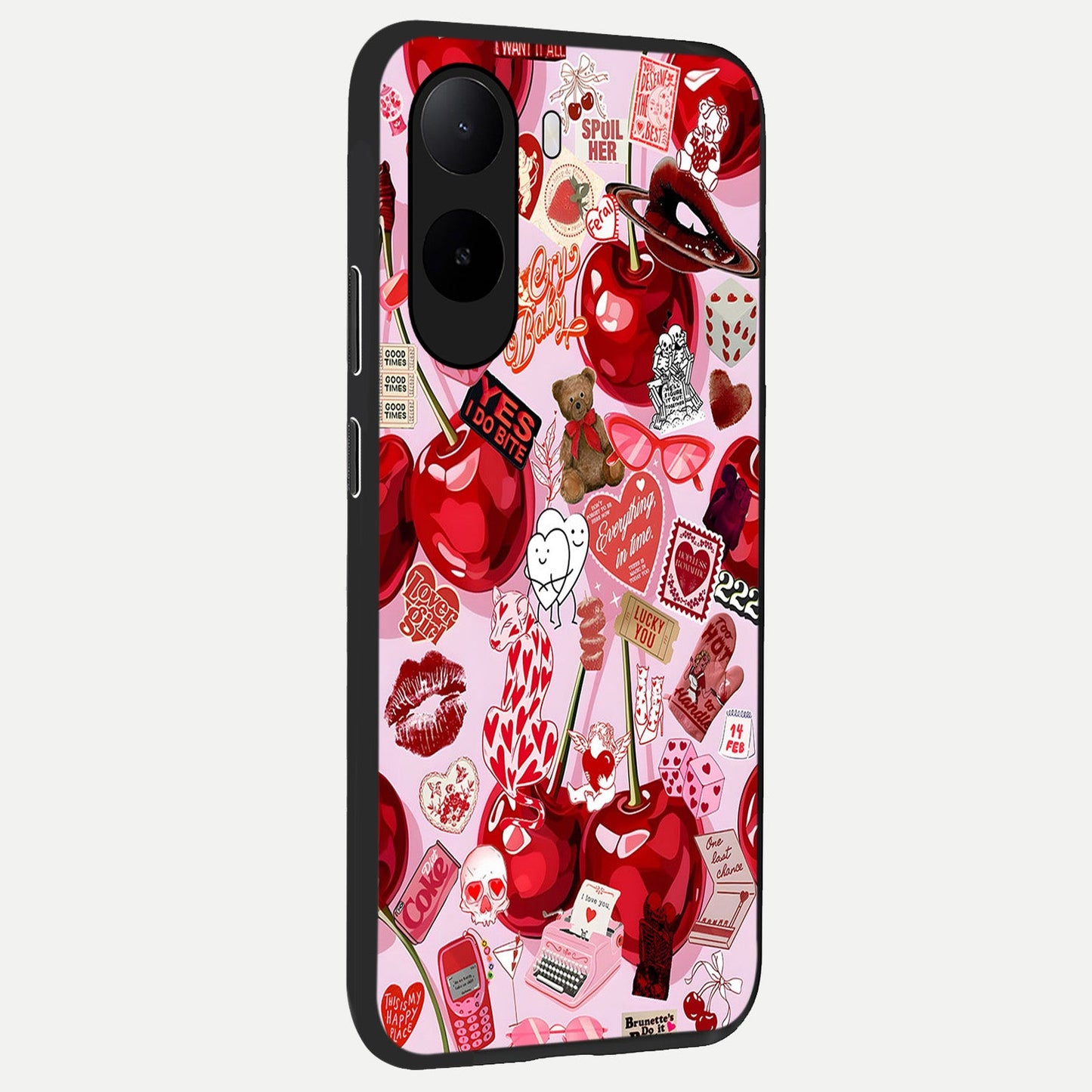 Sweet Cherry Chaos back cover For Poco C85x slim fit glass case with vibrant aesthetic design