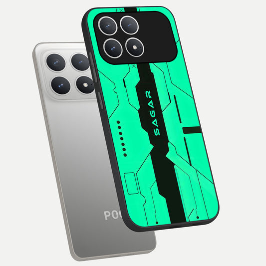 Aqua Tech CYBERPUNK Custom Name phone case For Poco F8 Pro showing premium glass back cover with detailed artwork