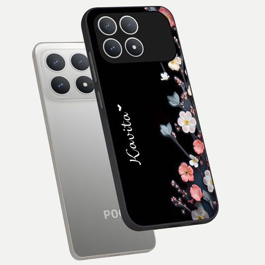 Black Elegance Floral Custom Name phone case For Poco F8 Pro showing premium glass back cover with detailed artwork