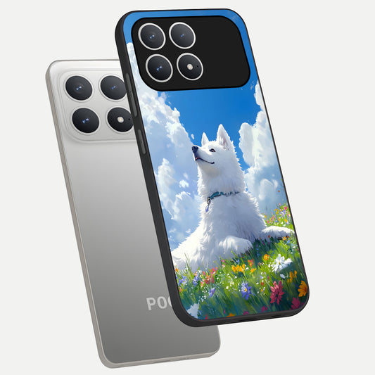 Blissful Cloud Pup phone case For Poco F8 Pro showing premium glass back cover with detailed artwork