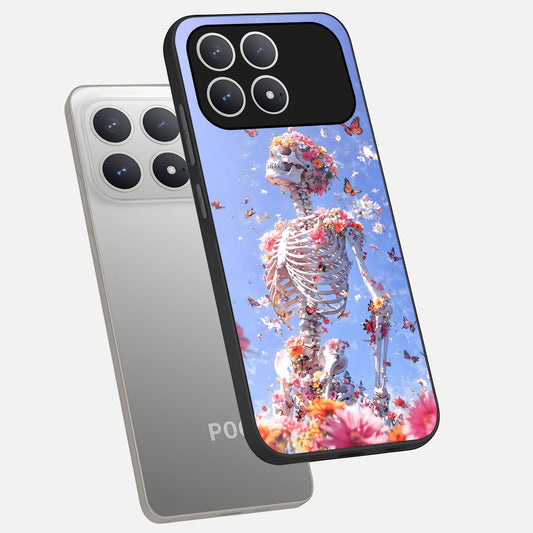 Bloom Beyond Bones phone case For Poco F8 Pro showing premium glass back cover with detailed artwork
