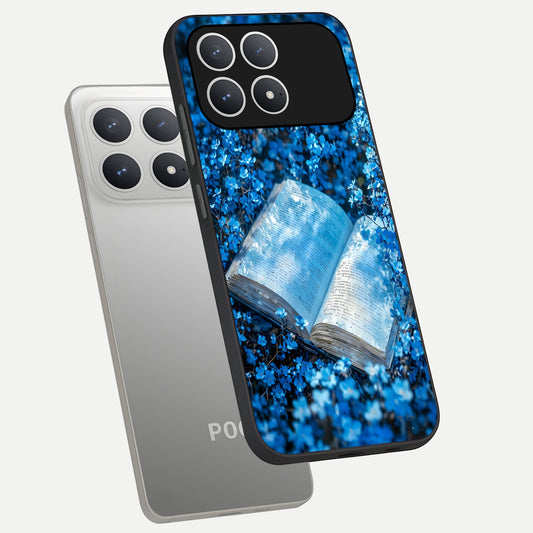 Blue Bloom Tales phone case For Poco F8 Pro showing premium glass back cover with detailed artwork