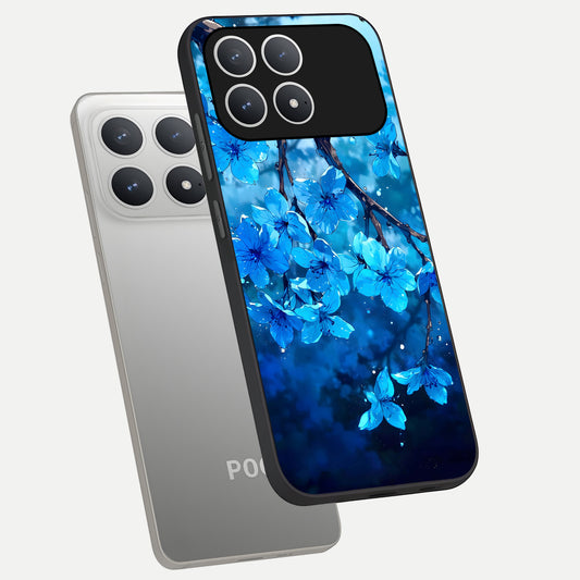 Blue Blossoms Branch phone case For Poco F8 Pro showing premium glass back cover with detailed artwork