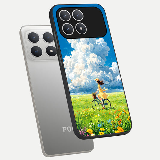 Breezy Meadow Ride phone case For Poco F8 Pro showing premium glass back cover with detailed artwork