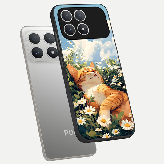 Cat And Flowers View phone case For Poco F8 Pro showing premium glass back cover with detailed artwork
