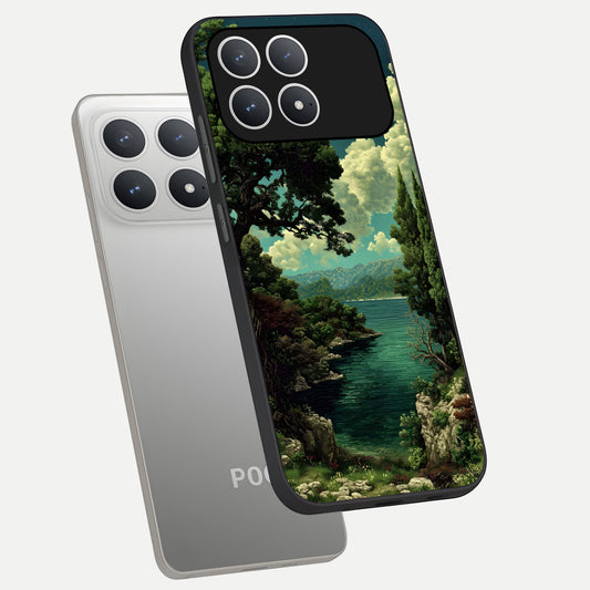 Celestial Lake Peace phone case For Poco F8 Pro showing premium glass back cover with detailed artwork