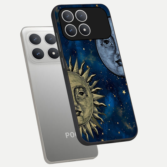 Celestial Moon With Sun phone case For Poco F8 Pro showing premium glass back cover with detailed artwork