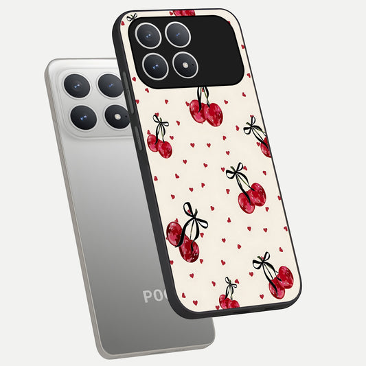 Cherry Heart Bow phone case For Poco F8 Pro showing premium glass back cover with detailed artwork
