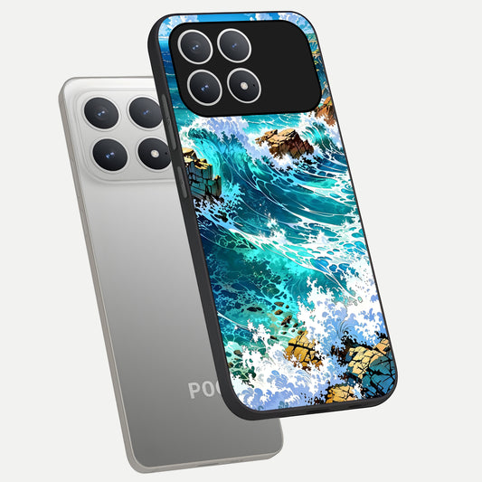 Coastal Blue Waves phone case For Poco F8 Pro showing premium glass back cover with detailed artwork