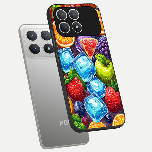 Colorful Fruits with Ice phone case For Poco F8 Pro showing premium glass back cover with detailed artwork