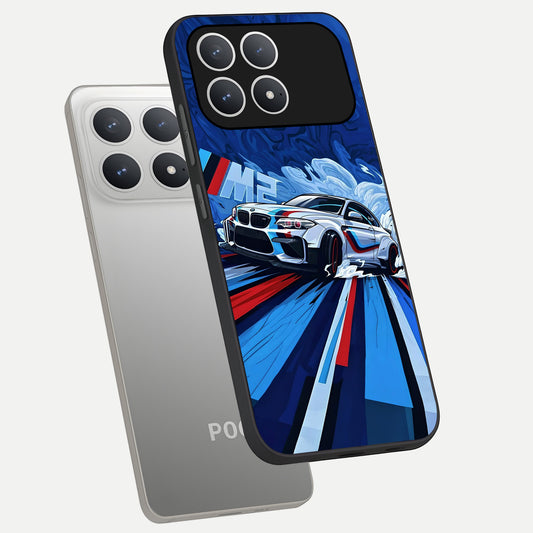 Drift Power Rush phone case For Poco F8 Pro showing premium glass back cover with detailed artwork