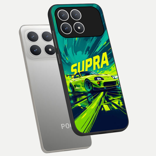 Electric Supra Thunder phone case For Poco F8 Pro showing premium glass back cover with detailed artwork