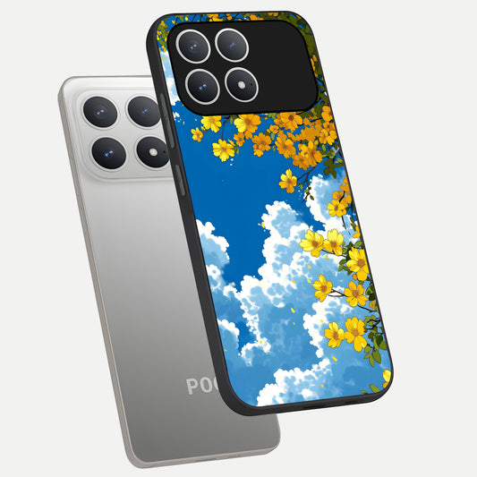 Golden Petal Sky phone case For Poco F8 Pro showing premium glass back cover with detailed artwork