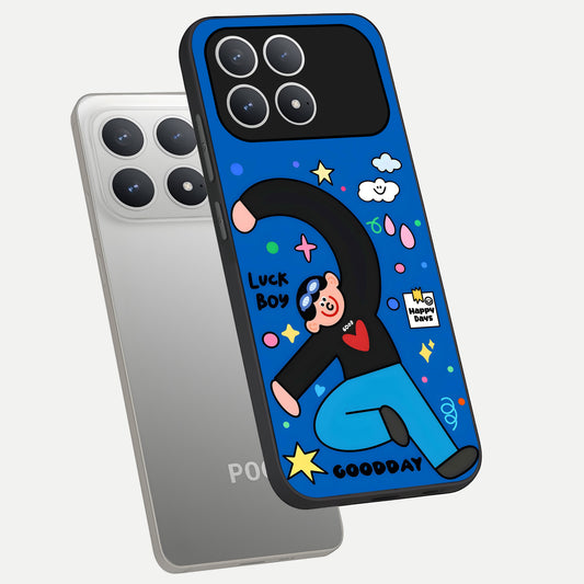 Happy Luck Vibe phone case For Poco F8 Pro showing premium glass back cover with detailed artwork