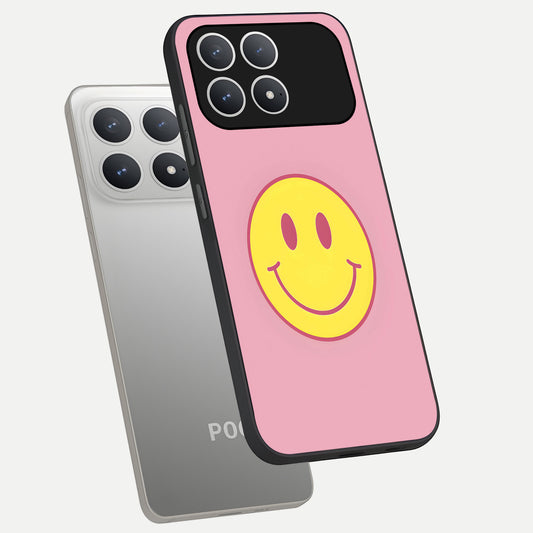 Happy Pink Mood phone case For Poco F8 Pro showing premium glass back cover with detailed artwork