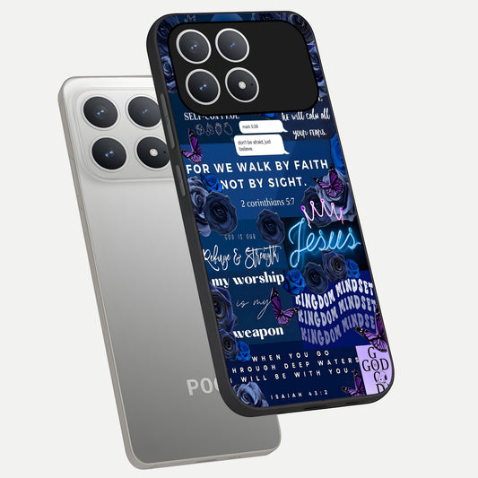 Kingdom Faith Glow phone case For Poco F8 Pro showing premium glass back cover with detailed artwork