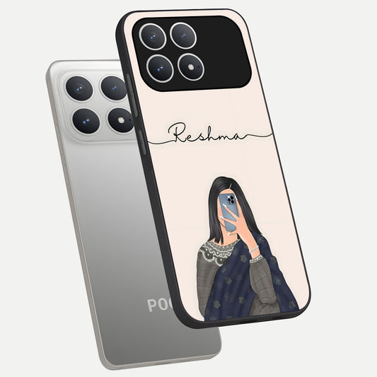 Mirror Mood Muse With Custom Name phone case For Poco F8 Pro showing premium glass back cover with detailed artwork