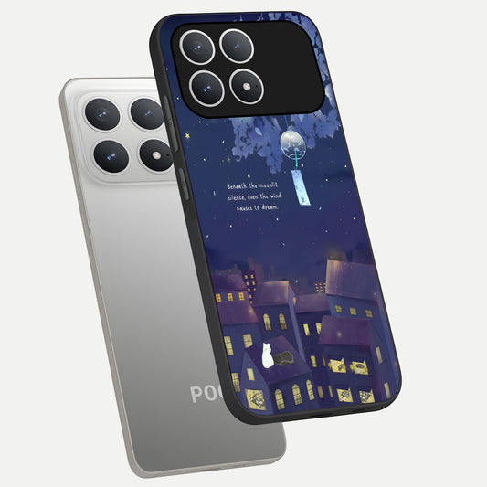 Moonlit Cat Silence phone case For Poco F8 Pro showing premium glass back cover with detailed artwork