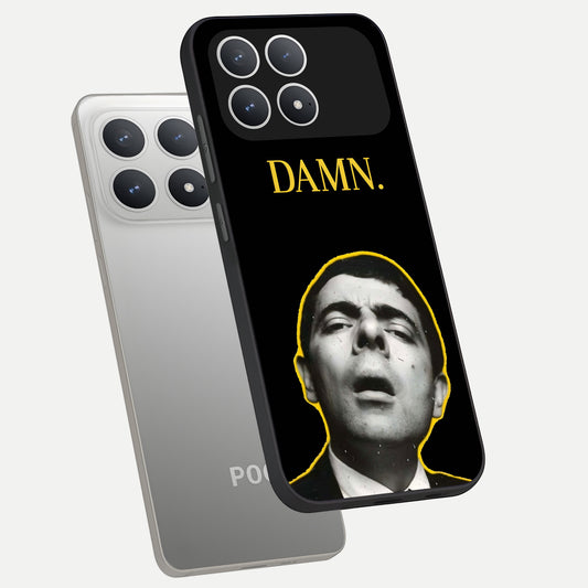 Mr Bean Damn phone case For Poco F8 Pro showing premium glass back cover with detailed artwork