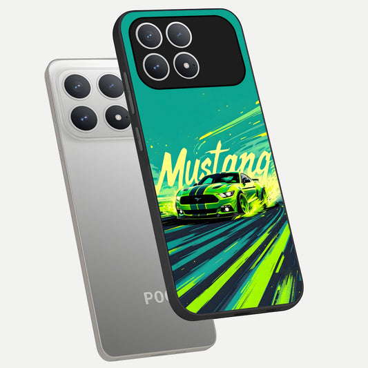 Mustang Bang phone case For Poco F8 Pro showing premium glass back cover with detailed artwork