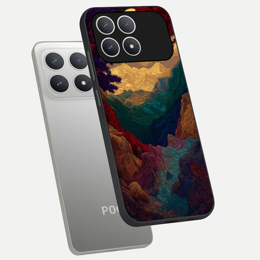 Mystic Valley Light phone case For Poco F8 Pro showing premium glass back cover with detailed artwork