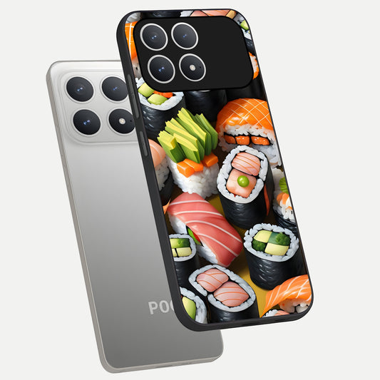 Sushi Food Pattern phone case For Poco F8 Pro showing premium glass back cover with detailed artwork