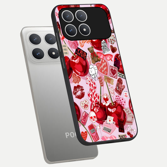 Sweet Cherry Chaos phone case For Poco F8 Pro showing premium glass back cover with detailed artwork
