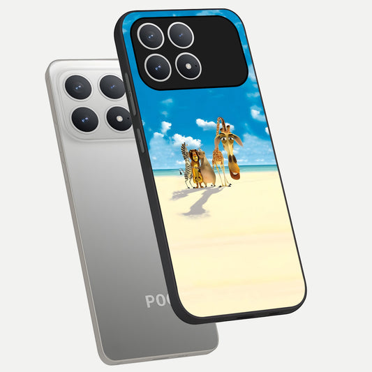 Tropical Fun Squad phone case For Poco F8 Pro showing premium glass back cover with detailed artwork