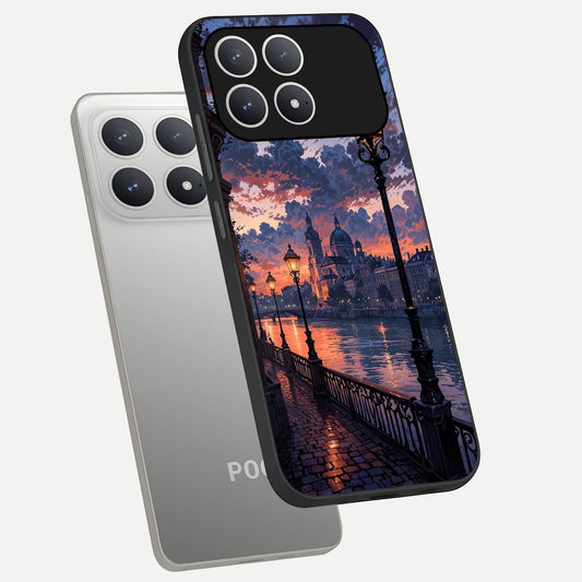 Twilight River Lights phone case For Poco F8 Pro showing premium glass back cover with detailed artwork