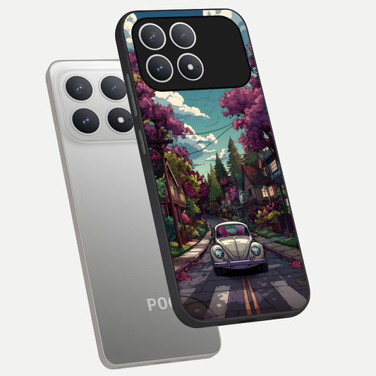 Vintage Street Drive phone case For Poco F8 Pro showing premium glass back cover with detailed artwork