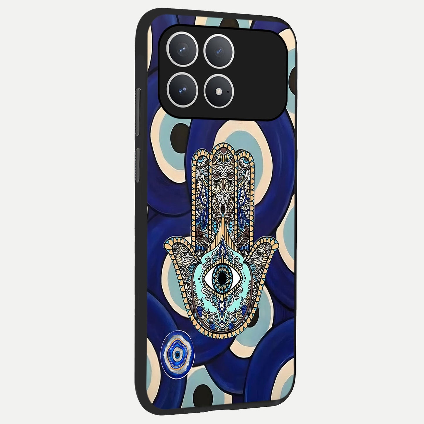 Hamsa Divine Guard back cover For Poco F8 Pro slim fit glass case with vibrant aesthetic design