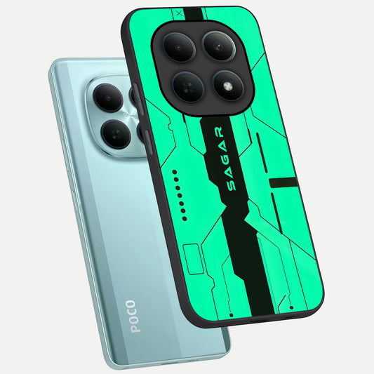 Aqua Tech CYBERPUNK Custom Name phone case For Poco M8 showing premium glass back cover with detailed artwork