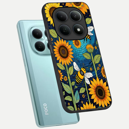 Bees And Sunflowers phone case For Poco M8 showing premium glass back cover with detailed artwork