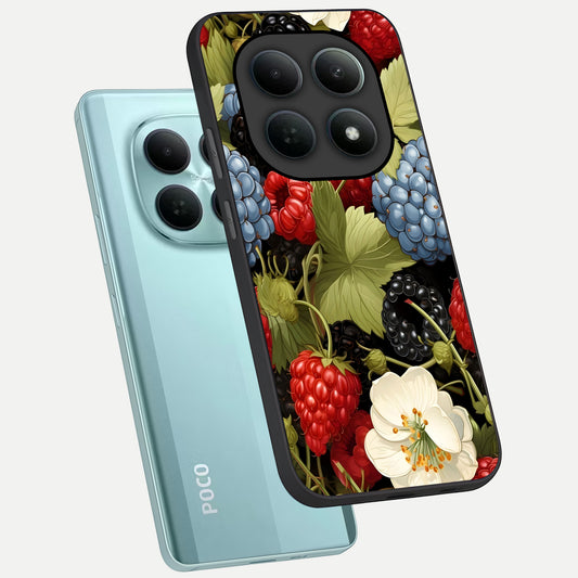 Berry Bloom Charm phone case For Poco M8 showing premium glass back cover with detailed artwork