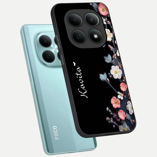 Black Elegance Floral Custom Name phone case For Poco M8 showing premium glass back cover with detailed artwork