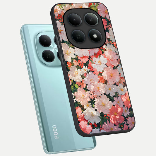 Blush Bloom Field phone case For Poco M8 showing premium glass back cover with detailed artwork
