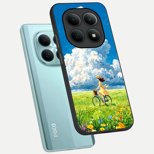 Breezy Meadow Ride phone case For Poco M8 showing premium glass back cover with detailed artwork