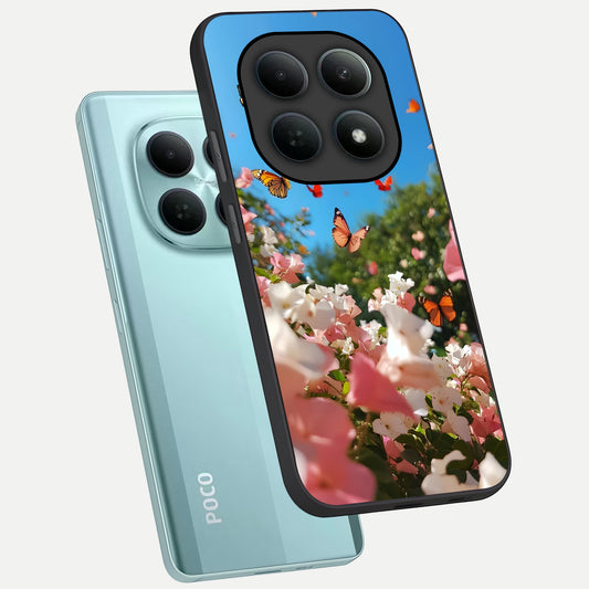 Butterflies In Bloom Sky phone case For Poco M8 showing premium glass back cover with detailed artwork