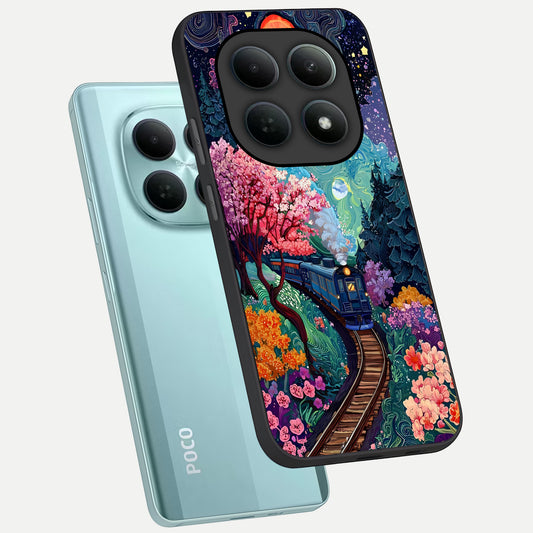 Celestial Train Journey phone case For Poco M8 showing premium glass back cover with detailed artwork