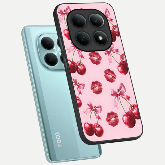 Cherry With Lips phone case For Poco M8 showing premium glass back cover with detailed artwork