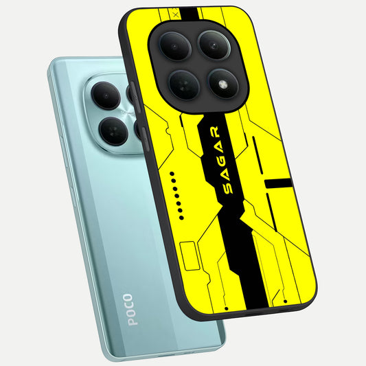Circuit CYBERPUNK Custom Name phone case For Poco M8 showing premium glass back cover with detailed artwork