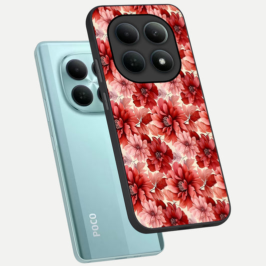 Crimson Love Petals phone case For Poco M8 showing premium glass back cover with detailed artwork